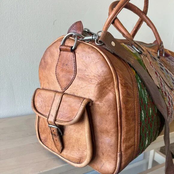 Moroccan Leather Kilim Weekender Bag – Handmade Travel Duffel - Picture 4 of 7